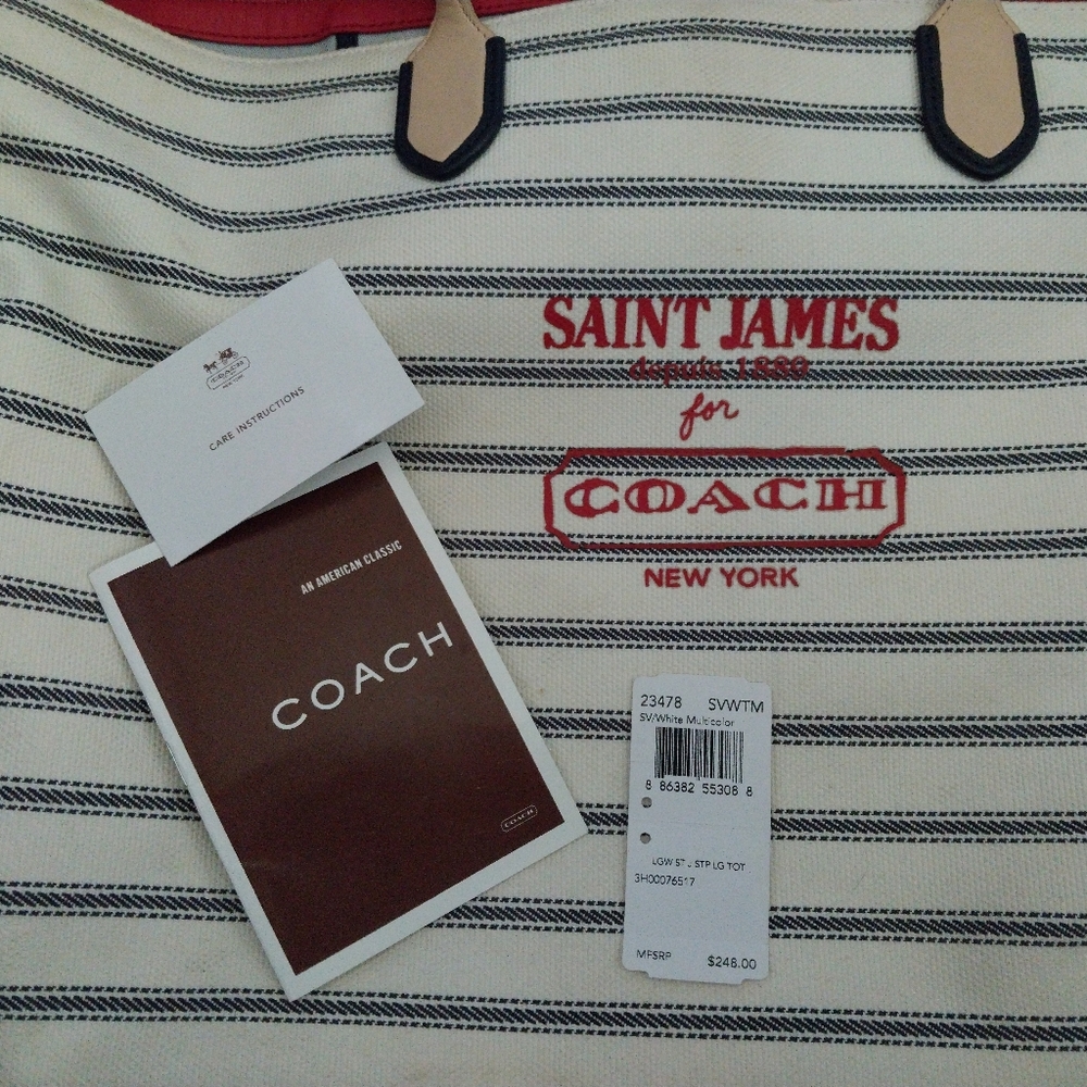 Coach "St. James" LEGACY Red Cream Blue XX Large Canvas Nautical Striped Tote - Picture 7 of 14